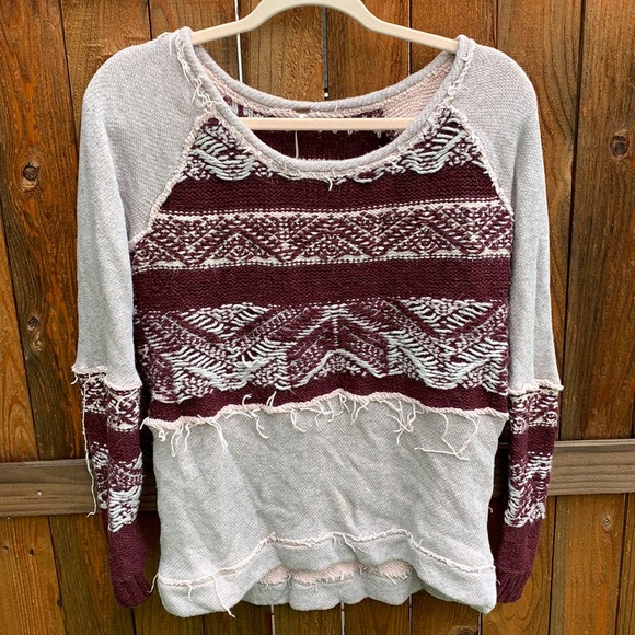 Free People Beautiful Thick Knit maroon and grey Sweater S - Picture 4 of 9